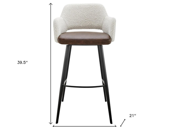 30" Ivory Brown And Black Boucle Faux Leather And Steel Bar Height Swivel Bar Chair