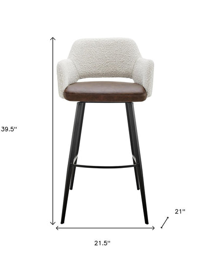 30" Ivory Brown And Black Boucle Faux Leather And Steel Bar Height Swivel Bar Chair