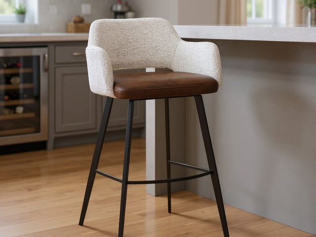 30" Ivory Brown And Black Boucle Faux Leather And Steel Bar Height Swivel Bar Chair