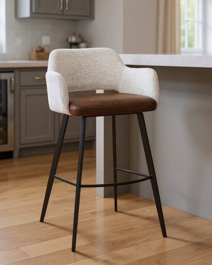 30" Ivory Brown And Black Boucle Faux Leather And Steel Bar Height Swivel Bar Chair