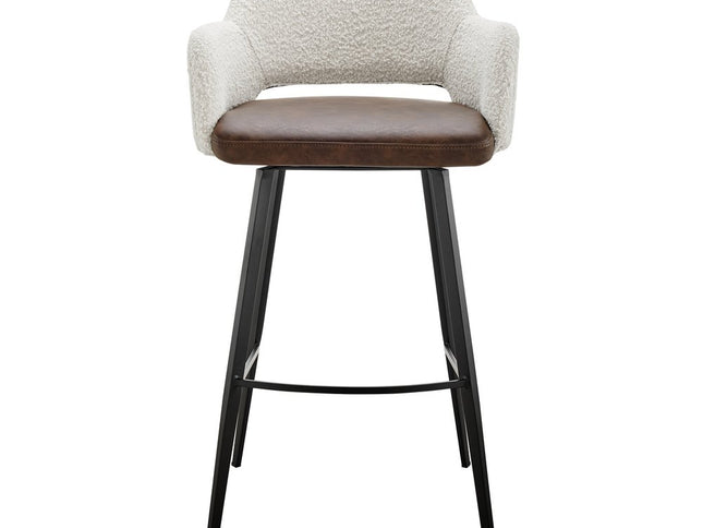 30" Ivory Brown And Black Boucle Faux Leather And Steel Bar Height Swivel Bar Chair