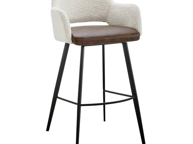 30" Ivory Brown And Black Boucle Faux Leather And Steel Bar Height Swivel Bar Chair
