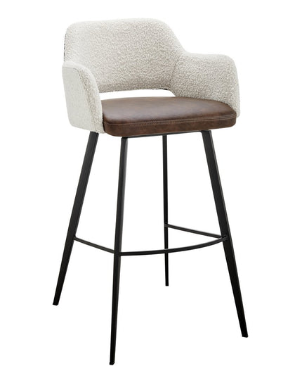 30" Ivory Brown And Black Boucle Faux Leather And Steel Bar Height Swivel Bar Chair
