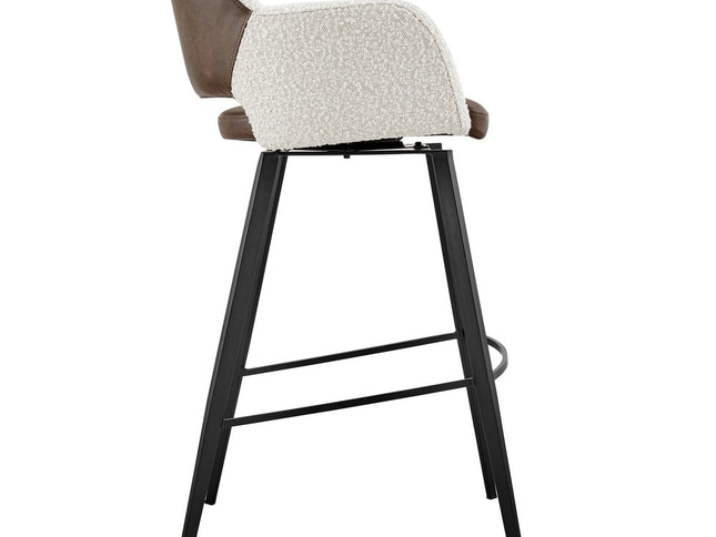30" Ivory Brown And Black Boucle Faux Leather And Steel Bar Height Swivel Bar Chair