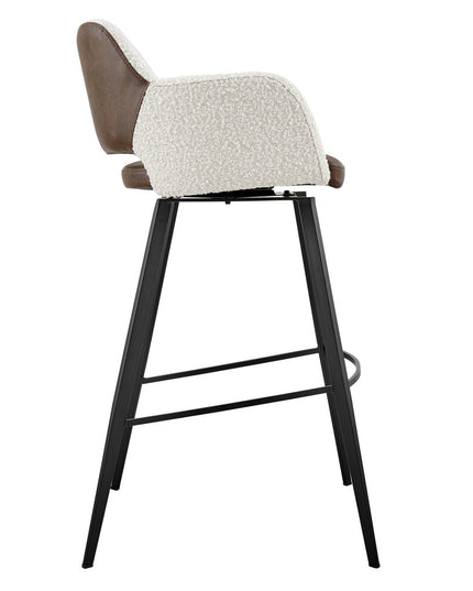 30" Ivory Brown And Black Boucle Faux Leather And Steel Bar Height Swivel Bar Chair