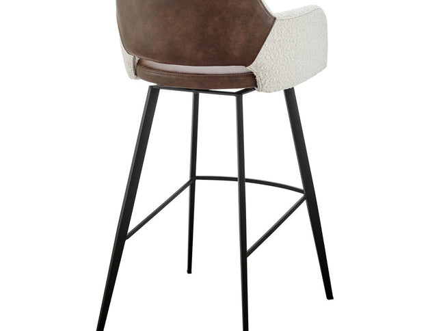 30" Ivory Brown And Black Boucle Faux Leather And Steel Bar Height Swivel Bar Chair