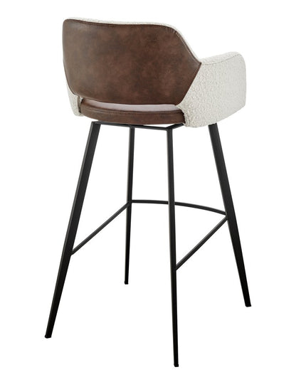 30" Ivory Brown And Black Boucle Faux Leather And Steel Bar Height Swivel Bar Chair
