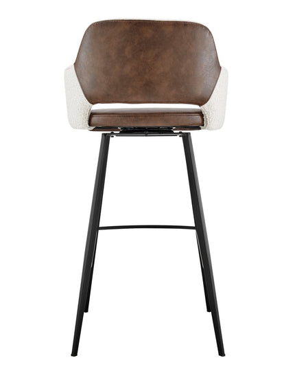 30" Ivory Brown And Black Boucle Faux Leather And Steel Bar Height Swivel Bar Chair