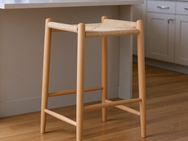 27" Natural Rush and Solid Wood Backless Counter Height Bar Chair