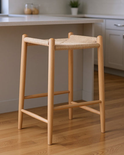27" Natural Rush and Solid Wood Backless Counter Height Bar Chair