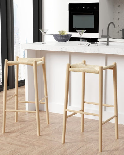 27" Natural Rush and Solid Wood Backless Counter Height Bar Chair