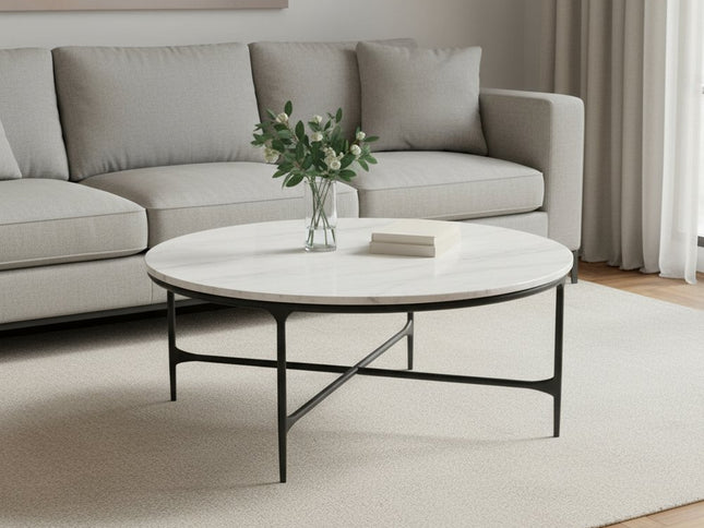 55" White and Black Genuine Marble and Iron Round Cross Legs Coffee Table