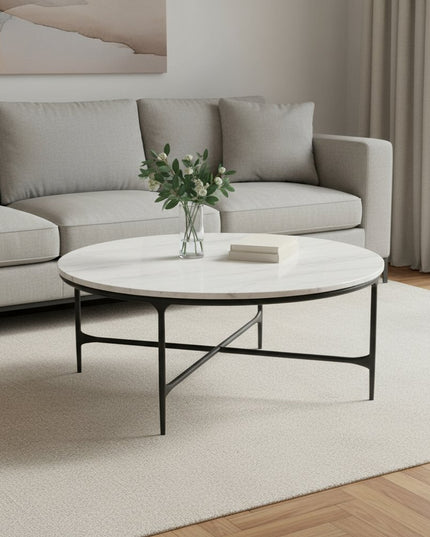 55" White and Black Genuine Marble and Iron Round Cross Legs Coffee Table