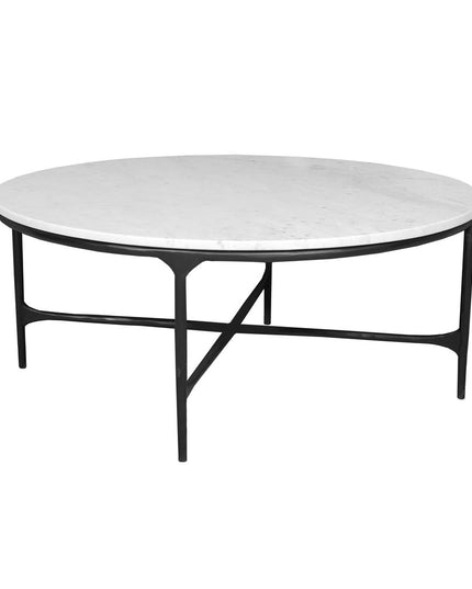 55" White and Black Genuine Marble and Iron Round Cross Legs Coffee Table