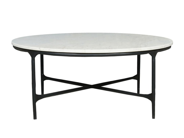 55" White and Black Genuine Marble and Iron Round Cross Legs Coffee Table