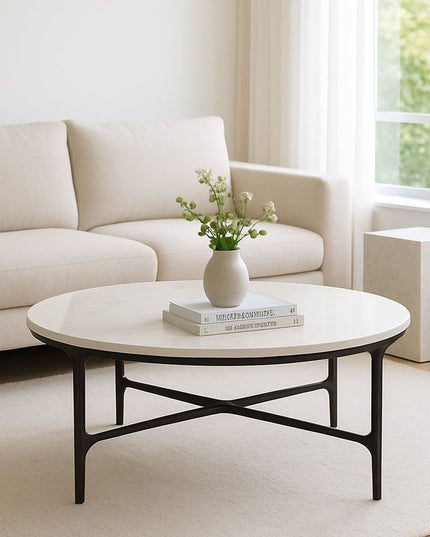 55" White and Black Genuine Marble and Iron Round Cross Legs Coffee Table