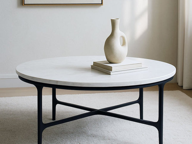 55" White and Black Genuine Marble and Iron Round Cross Legs Coffee Table