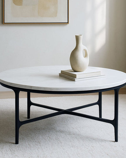 55" White and Black Genuine Marble and Iron Round Cross Legs Coffee Table