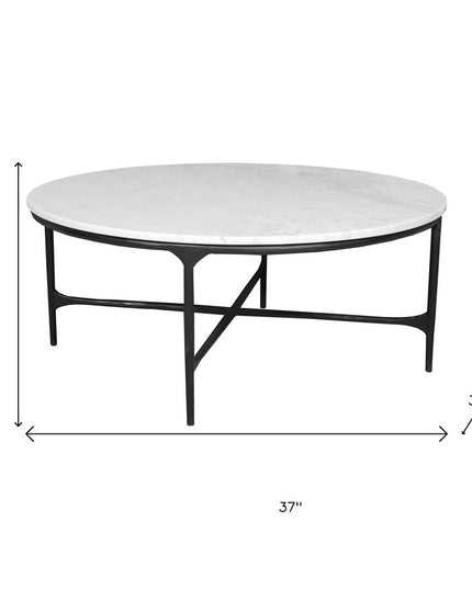 55" White and Black Genuine Marble and Iron Round Cross Legs Coffee Table