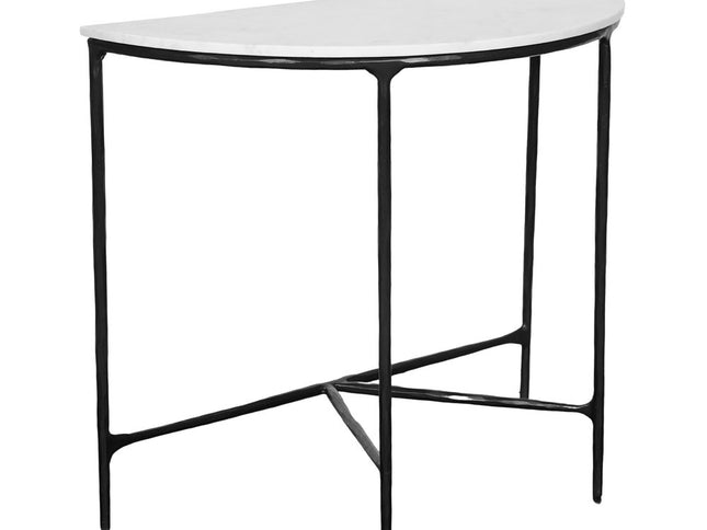 36" White and Black Genuine Marble and Iron Half Moon Console Table