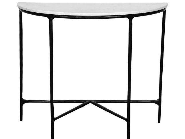 36" White and Black Genuine Marble and Iron Half Moon Console Table
