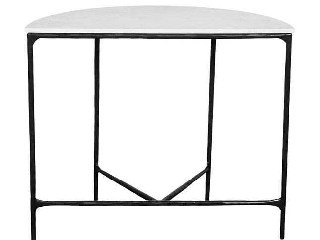 36" White and Black Genuine Marble and Iron Half Moon Console Table