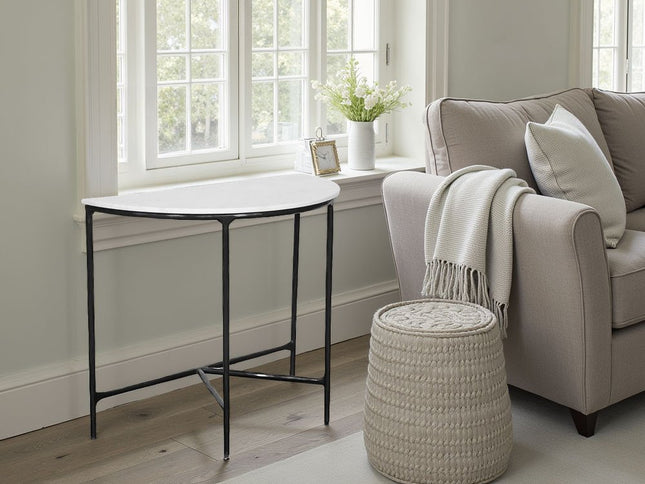 36" White and Black Genuine Marble and Iron Half Moon Console Table