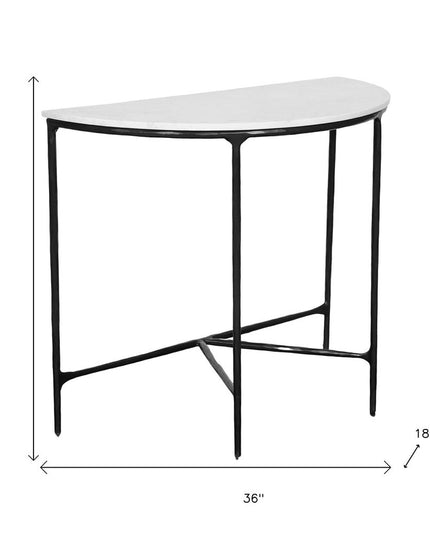 36" White and Black Genuine Marble and Iron Half Moon Console Table