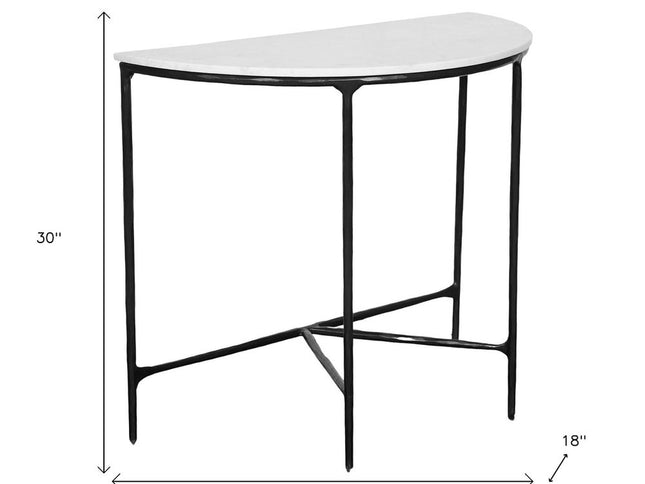 36" White and Black Genuine Marble and Iron Half Moon Console Table