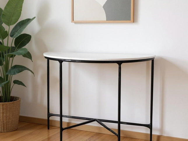 36" White and Black Genuine Marble and Iron Half Moon Console Table