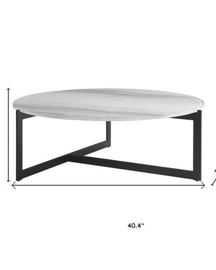 40" White and Black Glass and Iron Round Frame Coffee Table