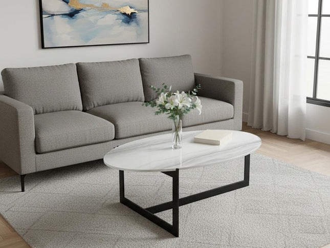 40" White and Black Glass and Iron Round Frame Coffee Table