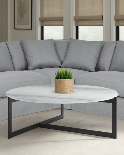 40" White and Black Glass and Iron Round Frame Coffee Table