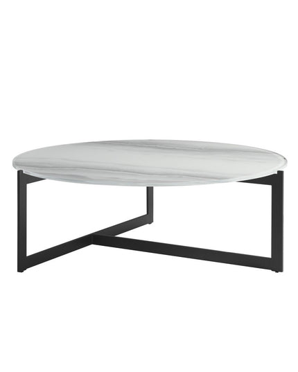 40" White and Black Glass and Iron Round Frame Coffee Table