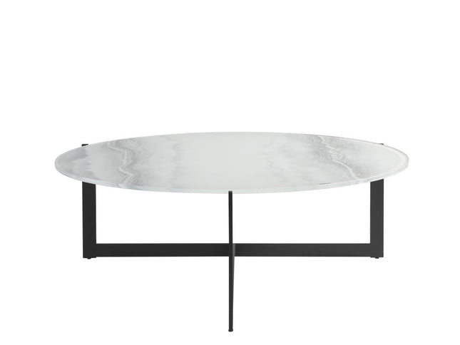 40" White and Black Glass and Iron Round Frame Coffee Table
