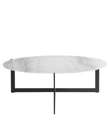 40" White and Black Glass and Iron Round Frame Coffee Table
