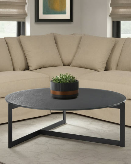 40" Gray and Black Glass and Iron Round Frame Coffee Table