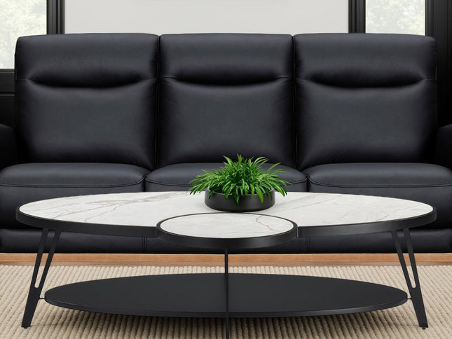 53" White and Black Sintered Stone and Iron Oval Coffee Table With Shelf