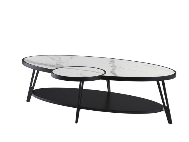 53" White and Black Sintered Stone and Iron Oval Coffee Table With Shelf