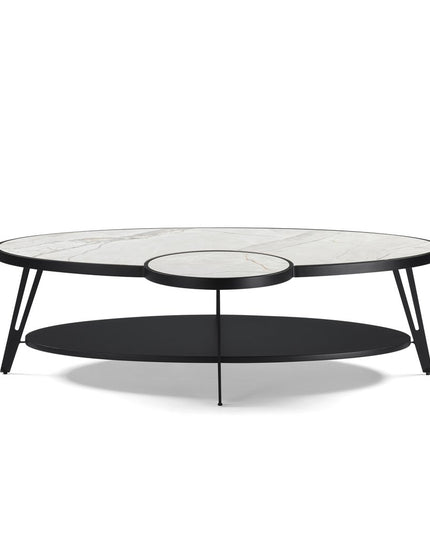 53" White and Black Sintered Stone and Iron Oval Coffee Table With Shelf