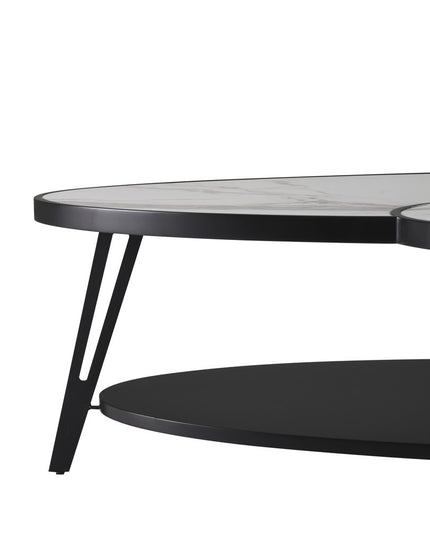 53" White and Black Sintered Stone and Iron Oval Coffee Table With Shelf