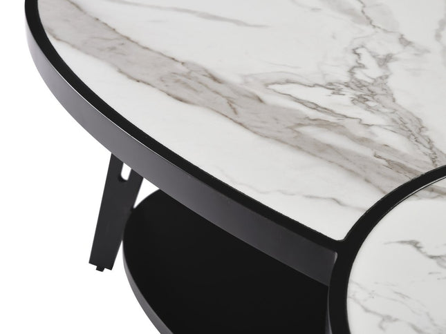 53" White and Black Sintered Stone and Iron Oval Coffee Table With Shelf