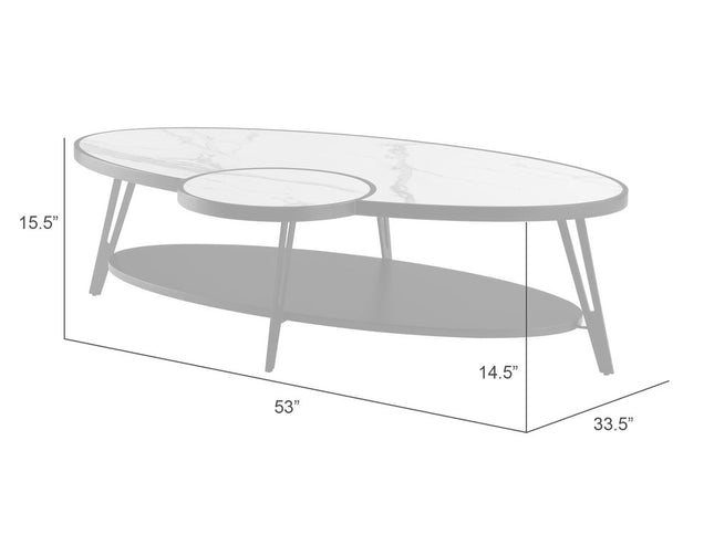 53" White and Black Sintered Stone and Iron Oval Coffee Table With Shelf
