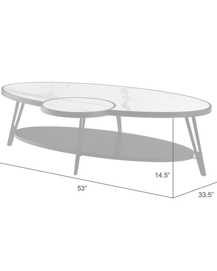 53" White and Black Sintered Stone and Iron Oval Coffee Table With Shelf