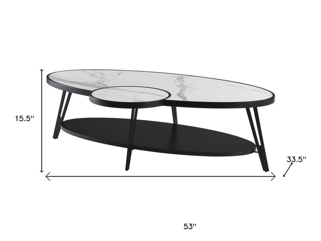 53" White and Black Sintered Stone and Iron Oval Coffee Table With Shelf
