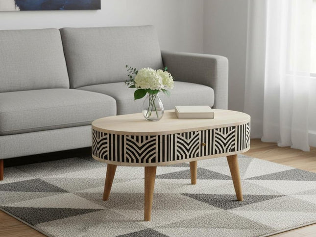 32" Black Bone and Oak Solid Wood Oval Coffee Table With Two Drawers
