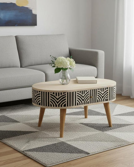 32" Black Bone and Oak Solid Wood Oval Coffee Table With Two Drawers