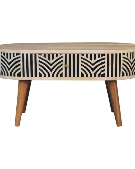 32" Black Bone and Oak Solid Wood Oval Coffee Table With Two Drawers