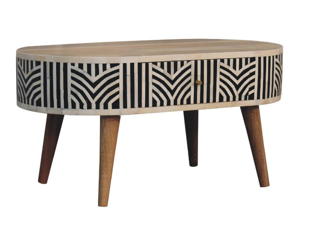 32" Black Bone and Oak Solid Wood Oval Coffee Table With Two Drawers