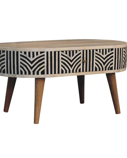 32" Black Bone and Oak Solid Wood Oval Coffee Table With Two Drawers